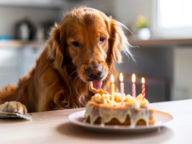 Un perro soplando velas en un pastel