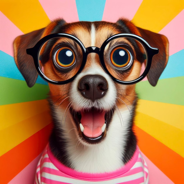 Perro sorprendido con grandes ojos abultados con gafas en un fondo de color brillante ai generativo