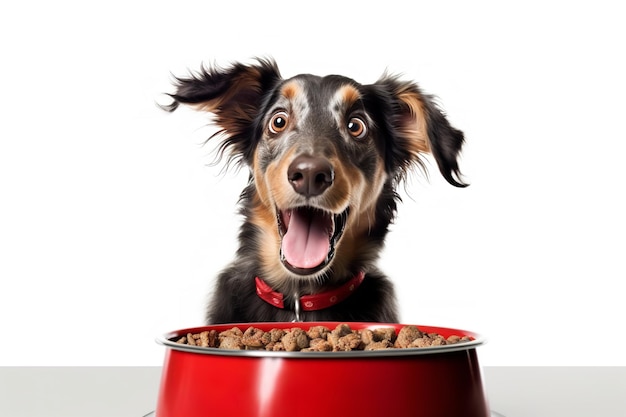 Foto perro sorprendido con un tazón lleno de comida aislado en blanco