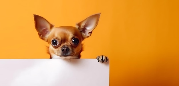 un perro sosteniendo un cartel en blanco