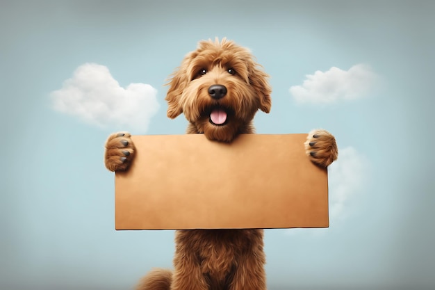 Foto un perro sosteniendo un cartel en blanco