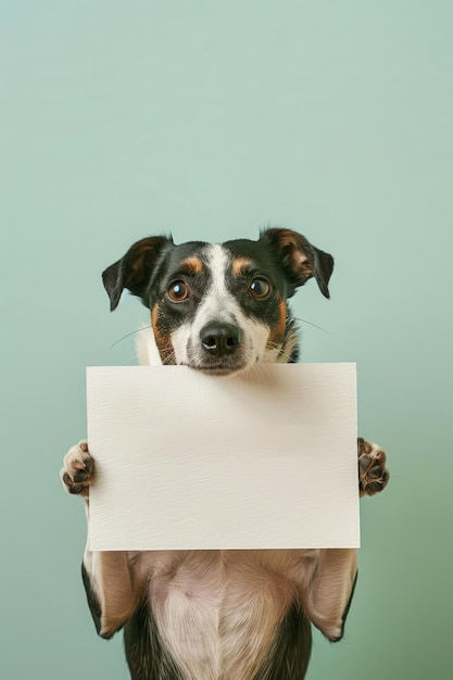 Foto un perro está sosteniendo un cartel que dice la palabra 