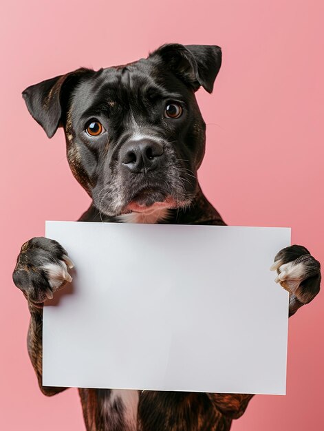 Foto un perro sosteniendo un letrero que dice 