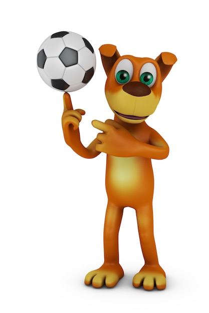 Perro sostiene el balón para el partido de fútbol.