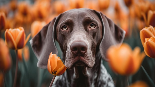 Un perro sostiene una flor en su boca.