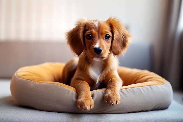 Perro spaniel senior acostado en la cama del perro