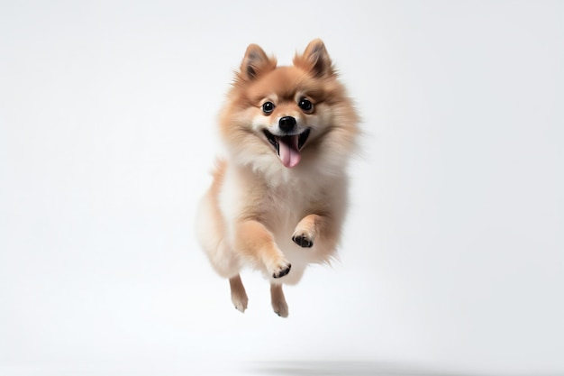 Perro Spitz alemán saltando sobre un fondo blanco.