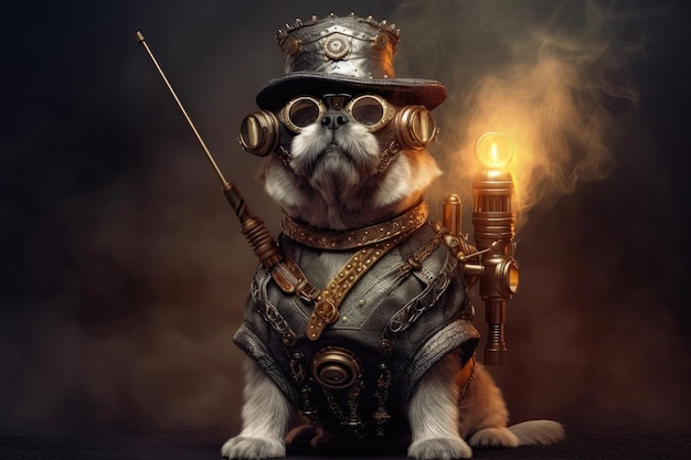 Perro Steampunk sobre fondo gris ahumado IA generativa