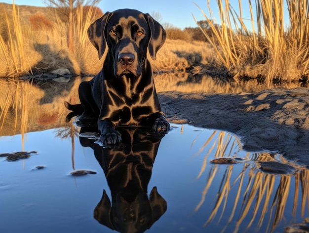 Perro y su reflejo en un estanque tranquilo.
