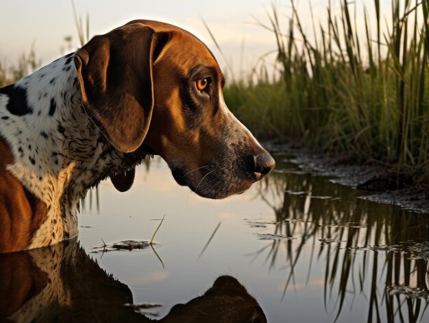 Perro y su reflejo en un estanque tranquilo.