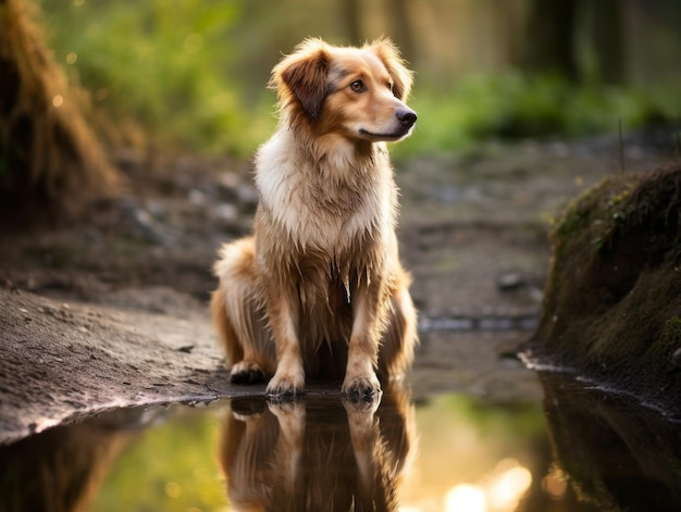 Perro y su reflejo en un estanque tranquilo.