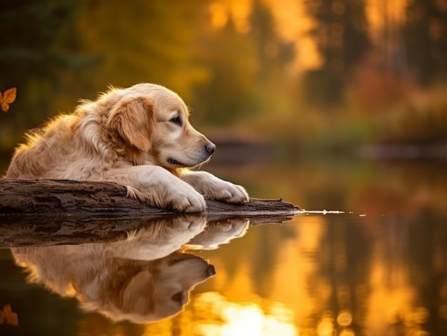 Perro y su reflejo en un estanque tranquilo.