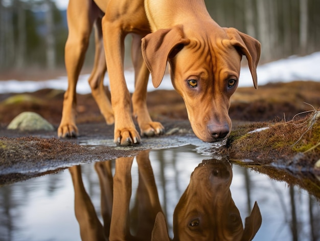 Perro y su reflejo en un estanque tranquilo.