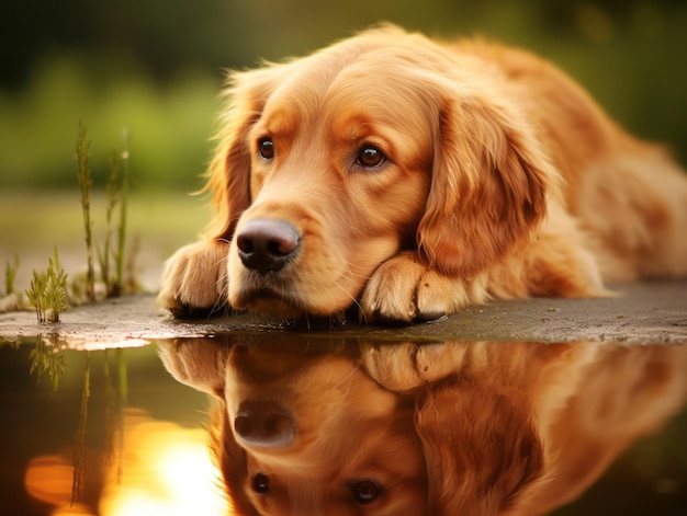 Perro y su reflejo en un estanque tranquilo.