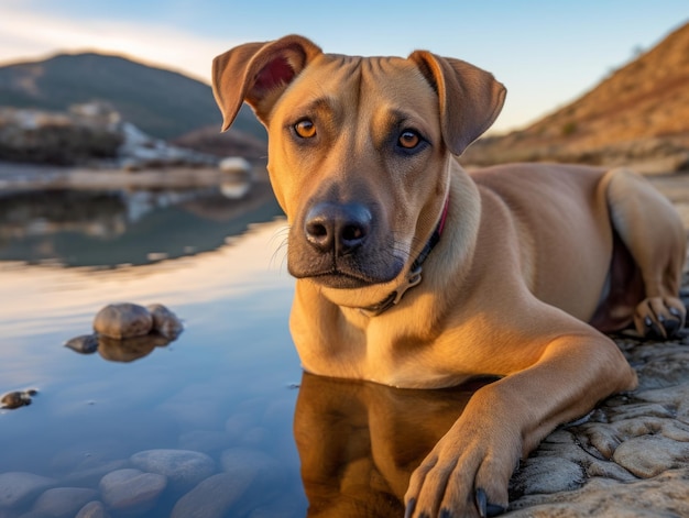 Perro y su reflejo en un estanque tranquilo.