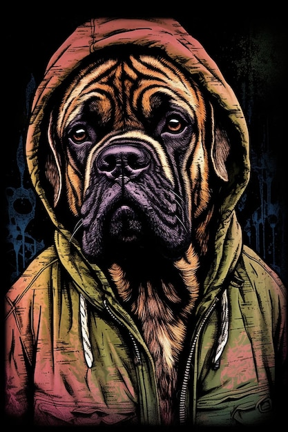 Un perro con una sudadera con capucha que dice "bullmastiff"