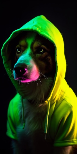 Un perro con una sudadera con capucha verde que dice "perro"