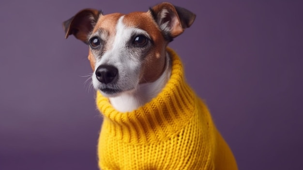 Un perro con un suéter amarillo con nariz negra y nariz blanca.