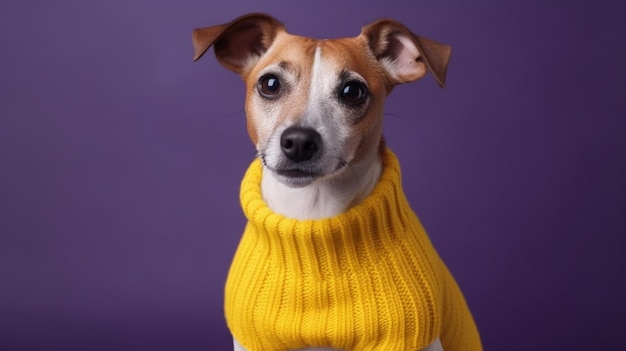 Un perro con un suéter amarillo con nariz negra y nariz blanca.