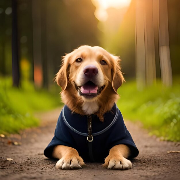 Un perro con un suéter azul está tirado en un camino de tierra.