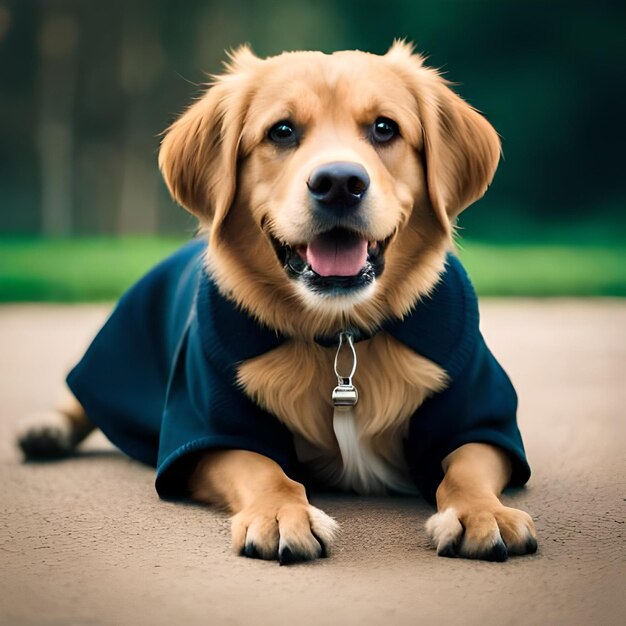 Un perro con un suéter azul y un suéter azul está tirado en el suelo.