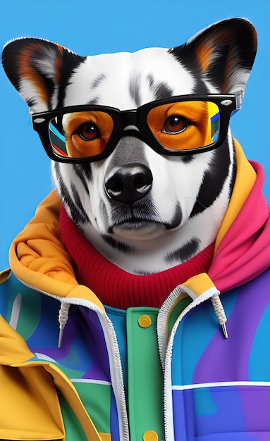 Foto un perro con un suéter colorido y gafas está usando un suéter de colores.