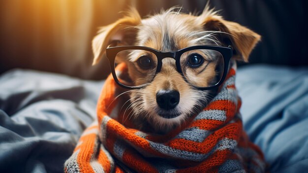 Perro con suéter y gafas encima de la cama