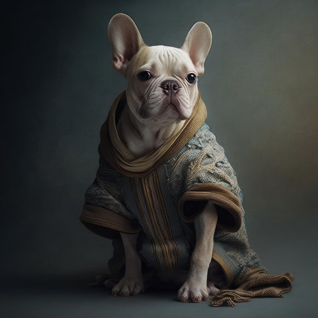 Un perro con un suéter que dice "bulldog francés".