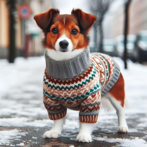 un perro con un suéter que dice perro en él