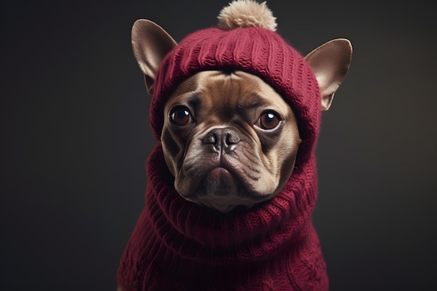 Un perro con un suéter y un sombrero.