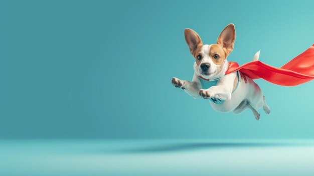 Foto perro superhéroe con capa roja y máscara saltando sobre fondo azul ia generativa