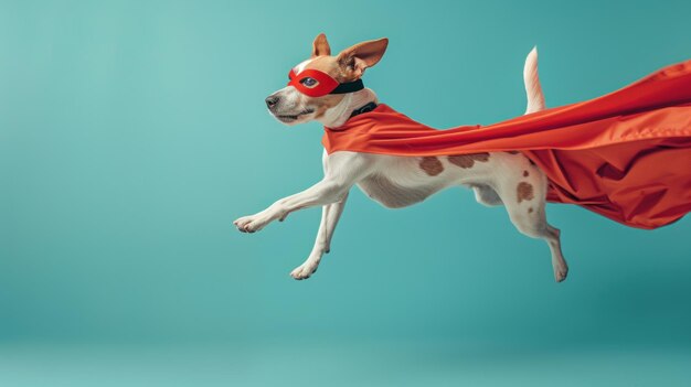Perro superhéroe con capa roja y máscara saltando sobre fondo azul IA generativa