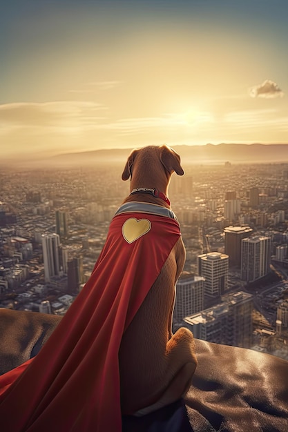 Foto perro superhéroe frente a la nueva foto del concepto de vida de la gran ciudad