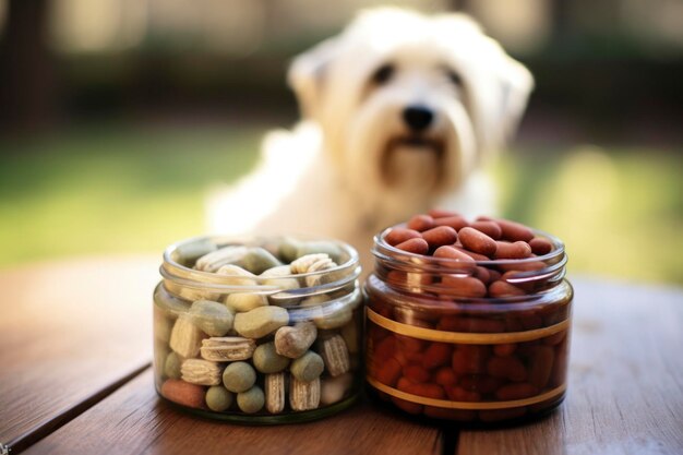 Perro con suplementos para mascotas en la mesa