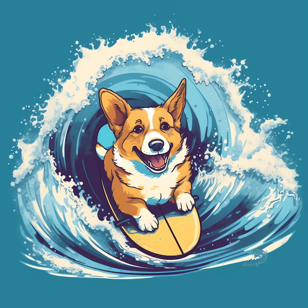 Foto perro en la tabla de surf vector colorido realista