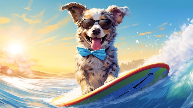 Foto perro en la tabla de surf vector colorido realista