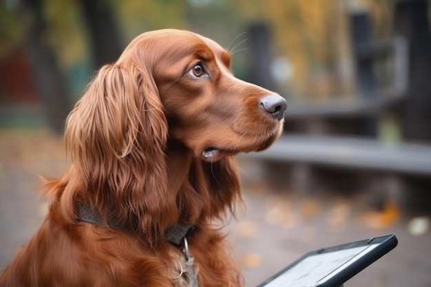 Foto un perro con una tableta digital en las manos mirando la pantalla creada con ia generativa