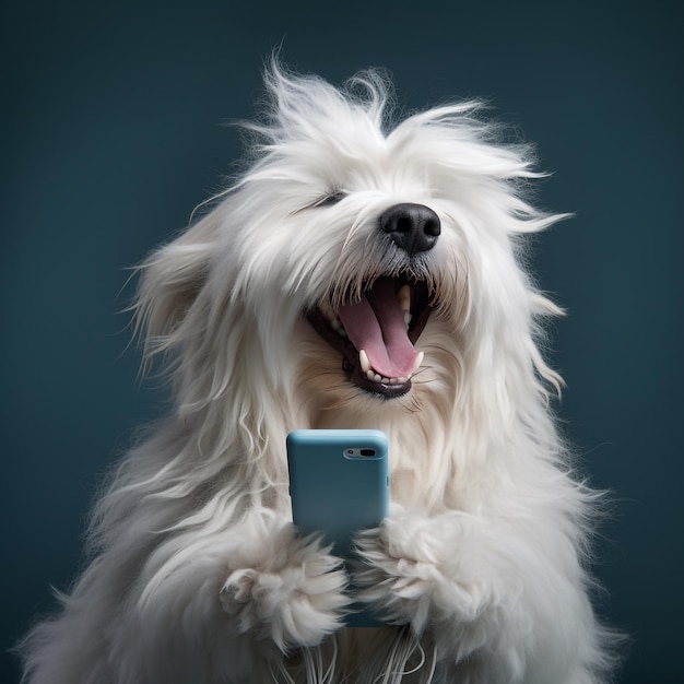 Un perro con un teléfono en la boca sostiene un teléfono.