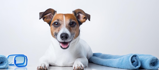 un perro tendido sobre una toalla azul con una lengua rosa colgando.