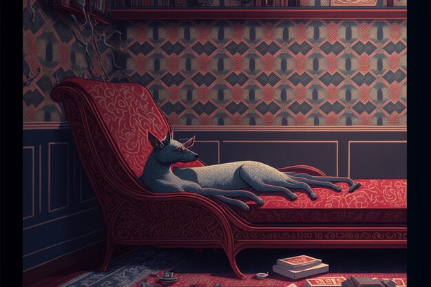 Un perro tendido en un sofá en una habitación oscura con un papel pintado en la pared.