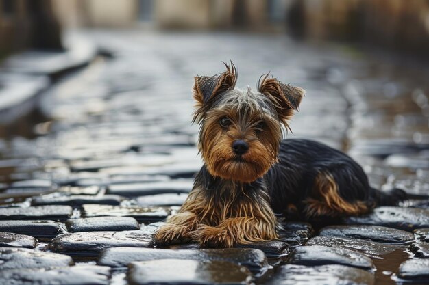 Un perro tendido en una superficie de piedra húmeda