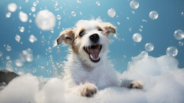 Perro terrier alegre en una bañera llena de espuma de jabón generativa AI