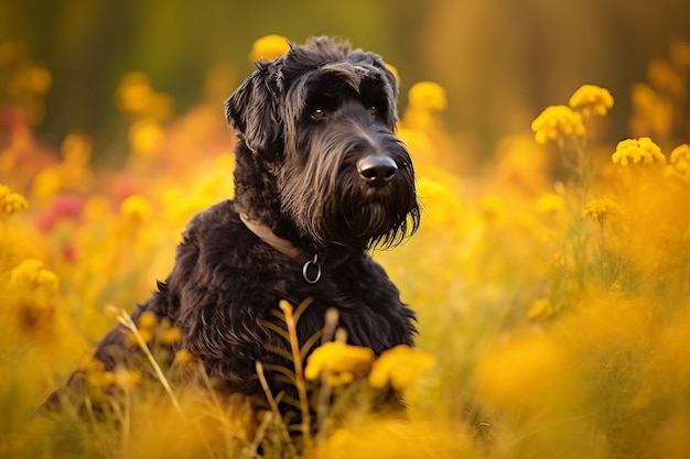 Perro terrier ruso negro sentado en un campo de pradera rodeado de vibrantes flores silvestres y hierba en un día soleado generado por ai