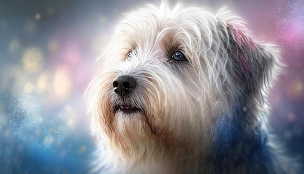 Perro Terrier Tiro medio Blanco Rosa Y Azul Y Mágico Y Fantasía Bokeh IA Generativa