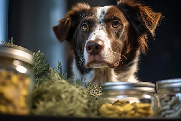 perro en una tienda con golosinas para mascotas ai generativa