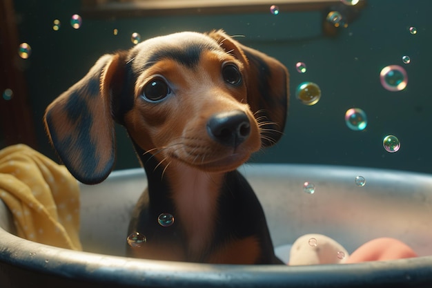 Un perro en una tina con burbujas