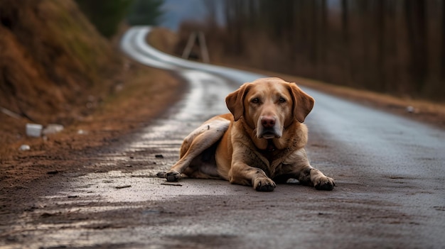 un perro tirado en una carretera con una carretera al fondo