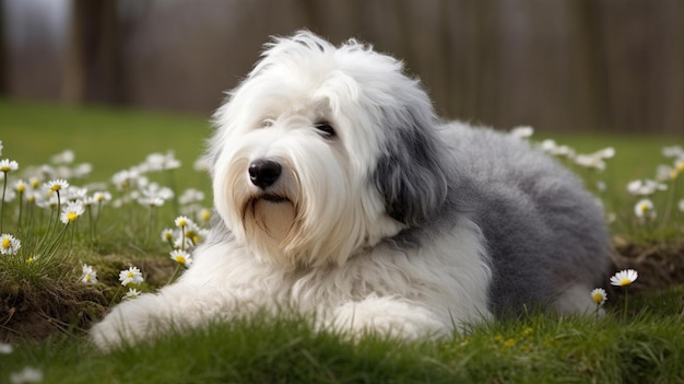 Un perro tirado en la hierba con flores en el fondo.