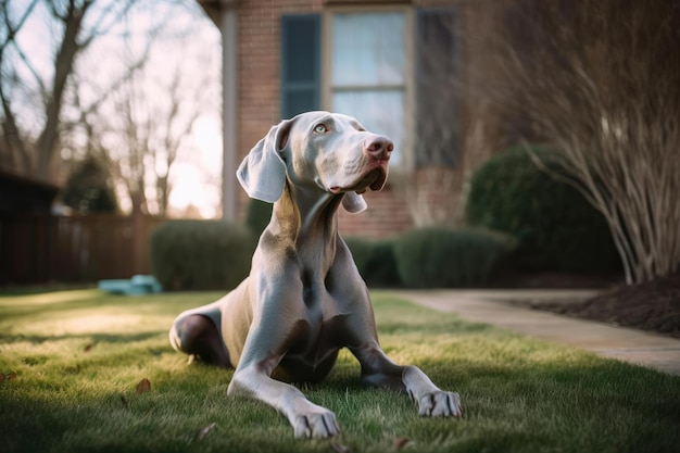 Un perro tirado en la hierba frente a una casa.