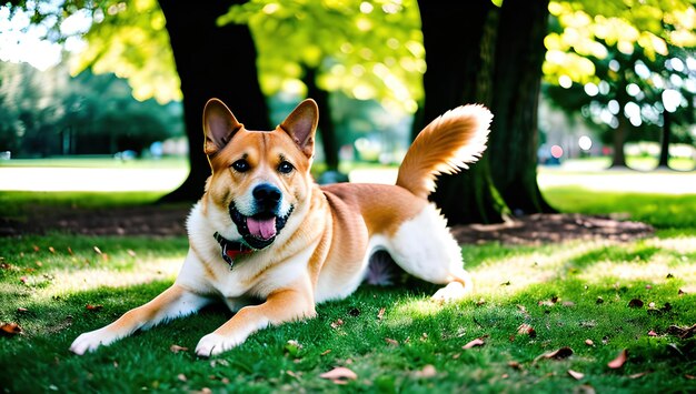 Un perro tirado en la hierba en un parque